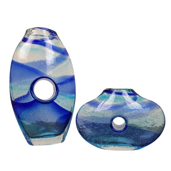 Vintage Margie's Garden Bubble Glass Art 10" & 5" Handblown Donut Hole Vase Set - Picture 1 of 12